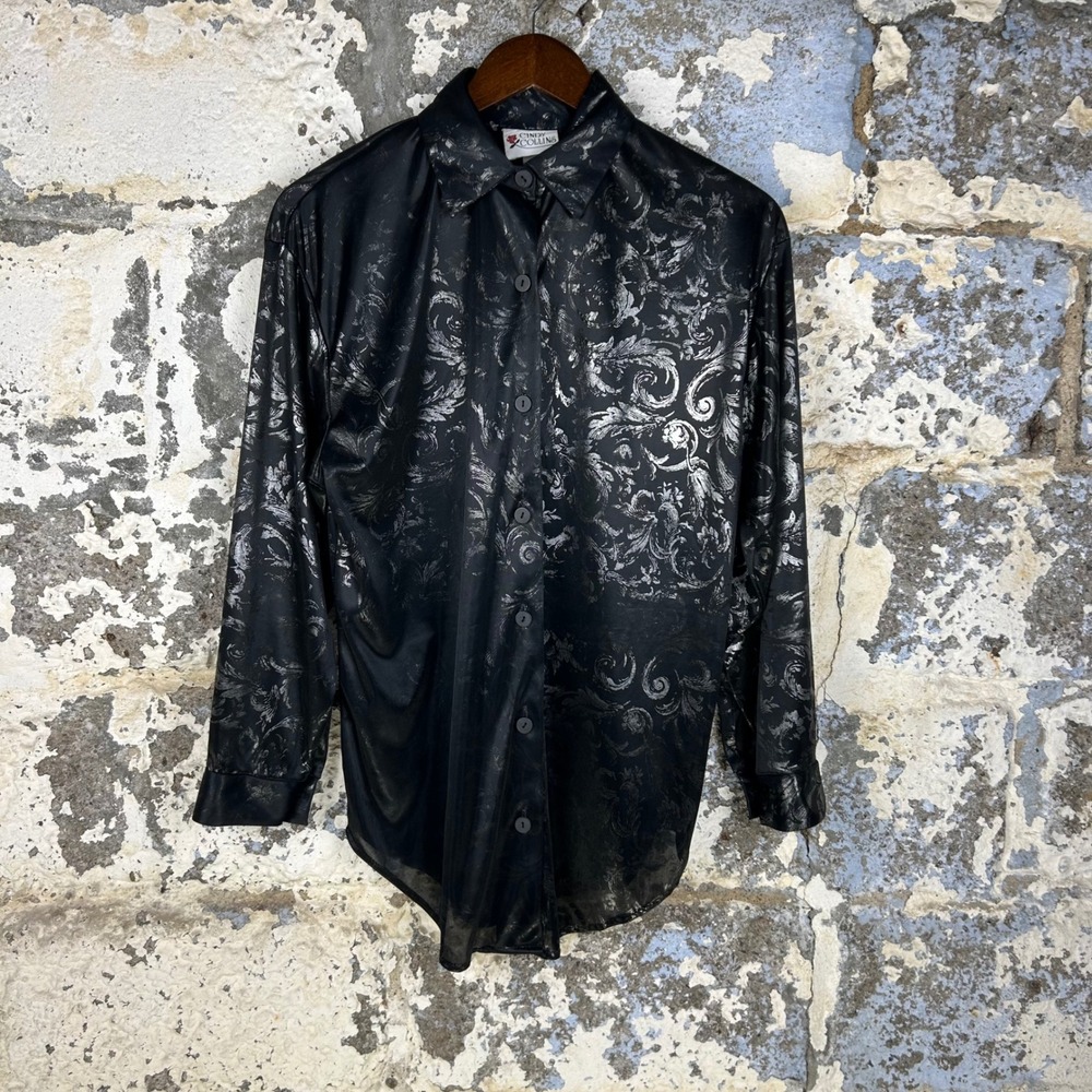 Vintage 90s Cindy Collins Blouse Black Silver Damask Metallic Goth Womens Medium